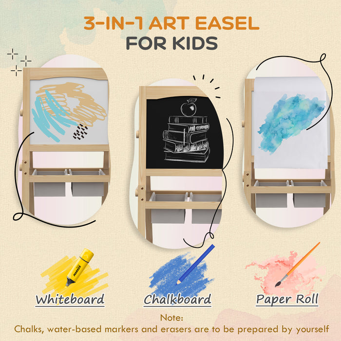 3 in 1 Kids Art Easel with Paper Roll - Double-Sided Whiteboard & Blackboard, Storage Baskets, Natural Wood Finish - Creative Play for Toddlers Ages 3-6 Years