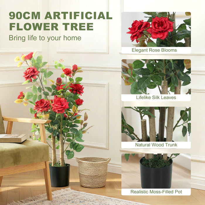 HOMCOM 90cm Artificial Rose Tree Set of 2, Decorative Fake Plant with 344 Silk Leaves 17 Flowers for Outdoor Indoor Decor, Red