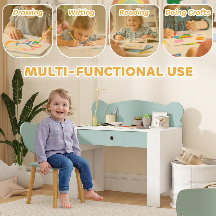AIYAPLAY Kids Desk and Chair Set with Drawer for Drawing, Reading, Bear Theme Children Furniture for Bedroom, Daycare, Green