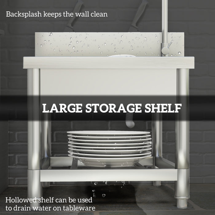 HOMCOM Outdoor Utility Sink, Free Standing Single Bowl Kitchen Sink with Cold and Hot Water Pipe and Storage Shelf for Laundry Garage, Silver Tone