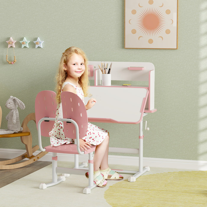 AIYAPLAY Height Adjustable Kids Desk and Chair Set, Children School Study Desk with Tiltable Desktop, Reading Rack,  Pink