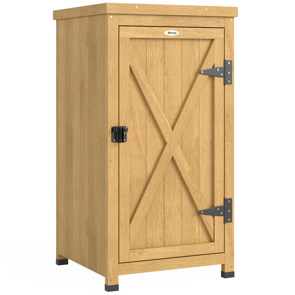 Outsunny Wooden Garden Shed, Garden Tool Storage Shed with Metal Top and Shelf, Light Brown