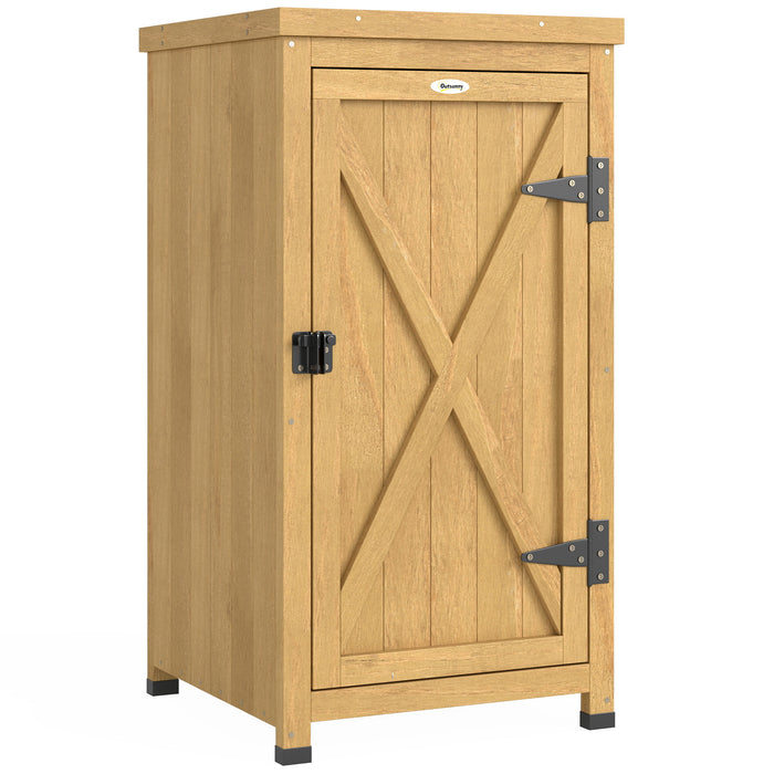 Outsunny Wooden Garden Shed, Garden Tool Storage Shed with Metal Top and Shelf, Light Brown