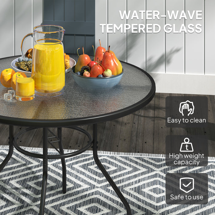 Outsunny 100 cm Round Dining Table with Parasol Hole, Outdoor Coffee End Side Table with Tempered Glass Top, Steel Frame for Garden, Black