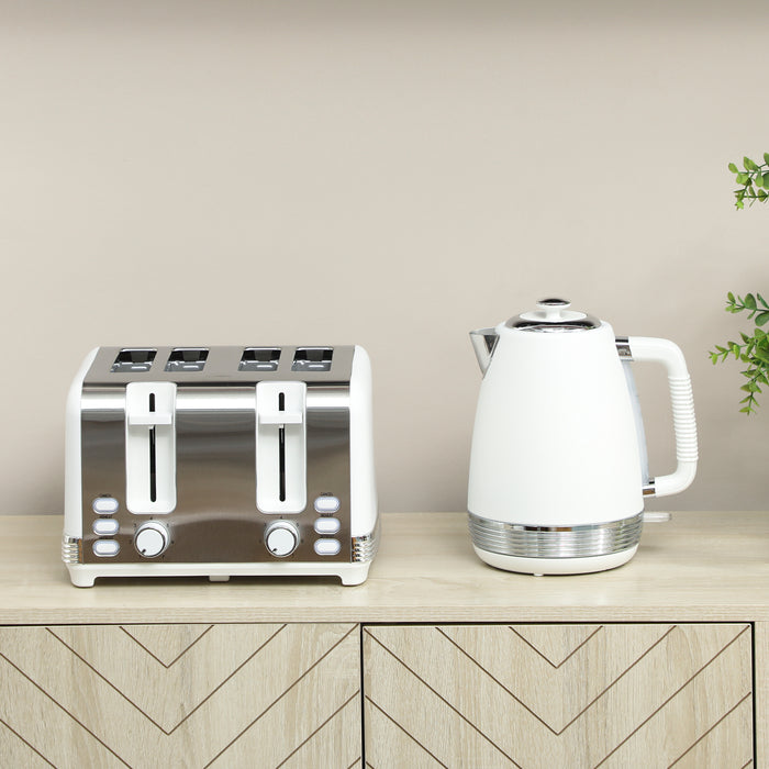 HOMCOM Stainless Steel Kettle and Toaster Set, 1.7L 3000W Rapid Boil Jug Kettle with UK Strix Thermostat, Limescale Filter, 4 Slice Toaster with 7 Browning Controls, Crumb Tray, White and Silver Tone