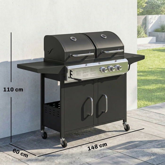 Outsunny 2+1 Burner Hybrid Dual Fuel BBQ Gas Grill, 2-in-1 Propane & Charcoal Barbecue Grill Smoker Combo with Wheels, Black