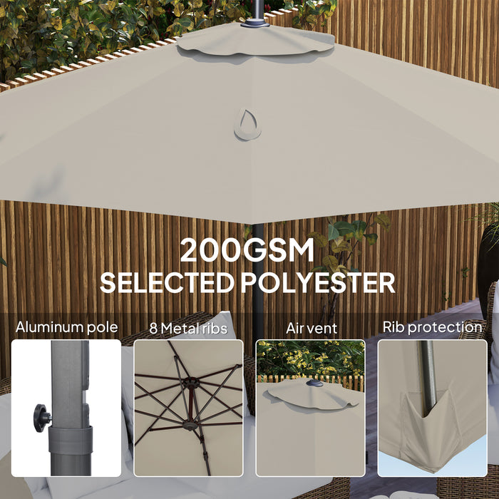 Outsunny 3 x 3(m) Cantilever Parasol with Cross Base, Garden Umbrella with 360° Rotation, Crank Handle and Tilt for Outdoor, Light Grey