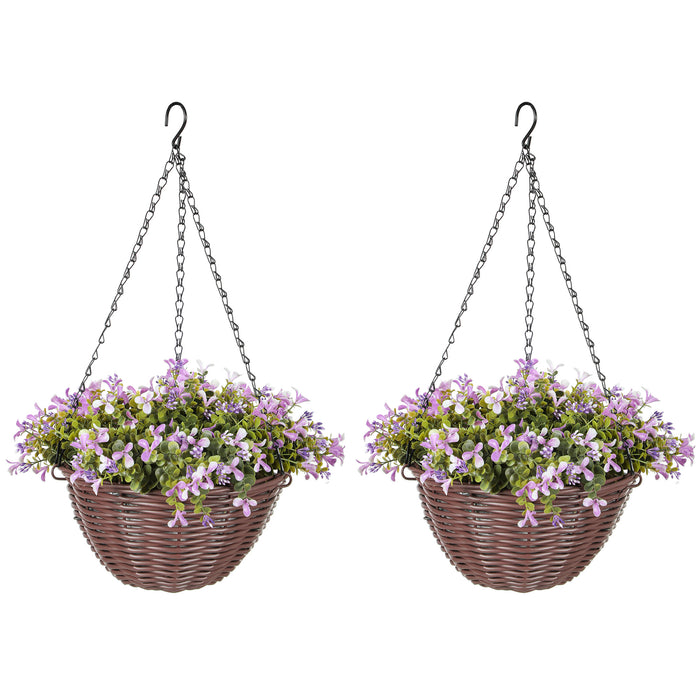 HOMCOM Artificial Flowers in Basket Set of 2, Artificial Hanging Baskets with 75 Leaves and 15 Flowers in Pot, Decorative Plant for Home Office Decor, Purple
