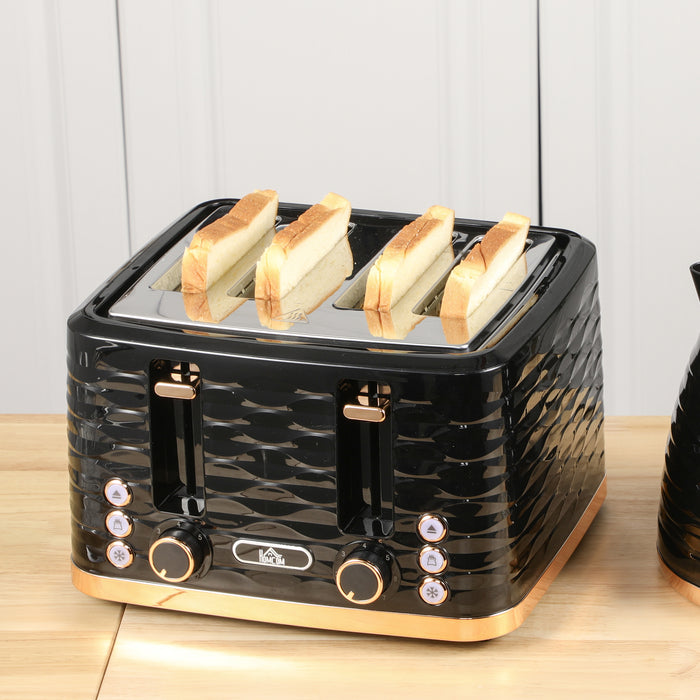 HOMCOM 4 Slice Toaster with 7 Browning Levels, High Lift, Reheat/Defrost/Cancel, Self-centring Function, Removable Crumb Tray, Auto Off, 1600W, Black Water Ripple Texture