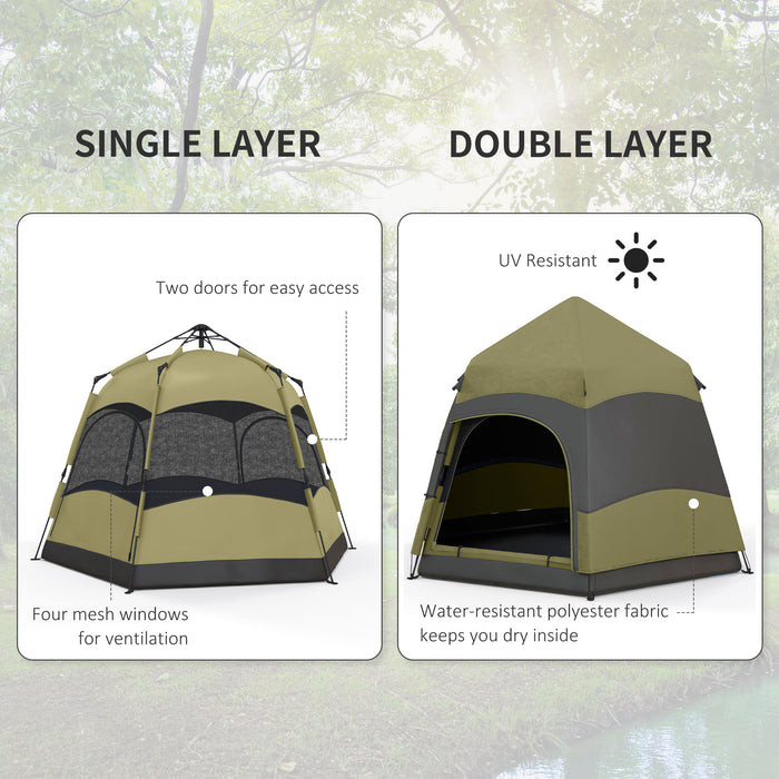 Outsunny Six Man Hexagon Camping Tent with Hang Hook and Carry Bag - Dark Green and Light Grey
