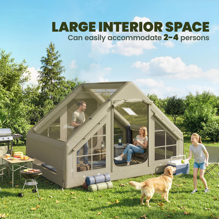 Outsunny Inflatable Camping Tent with Pump and Stove Jack Hole, Luxury Inflatable Tent with Mesh Windows, Doors, Olive Green
