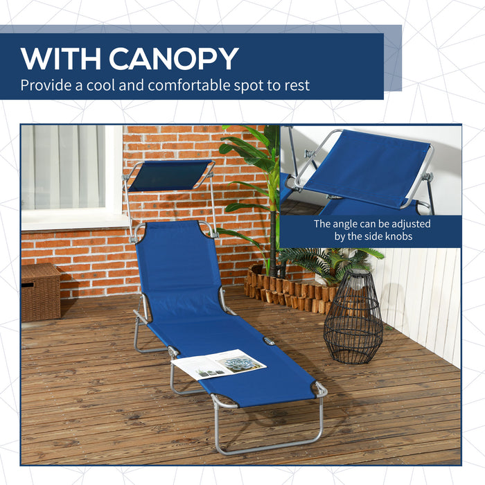 Foldable Blue Sun Lounger Pair with 4-Position Adjustable Backrest - Reclining Outdoor Chairs with Sun Shade Canopy - Perfect for Beach, Garden, and Patio Relaxation