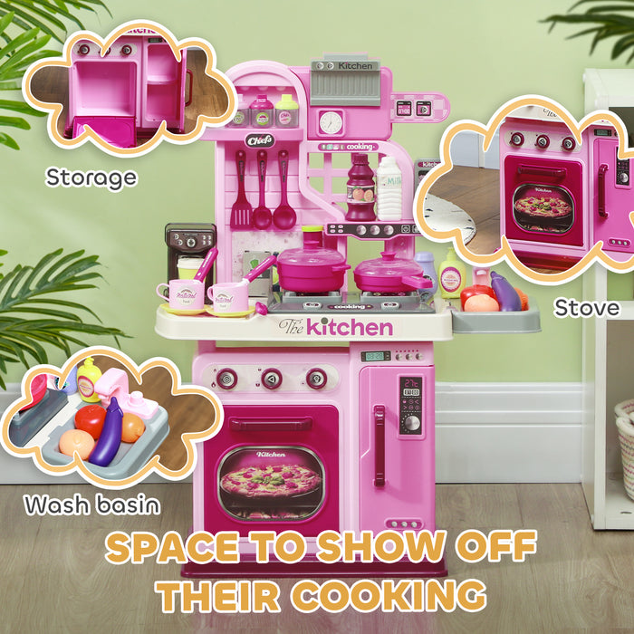 AIYAPLAY Kids Kitchen with 33 Piece Accessories, Lights, Sounds, Storage, for Children 3-6 Years, Pink | Aosom UK