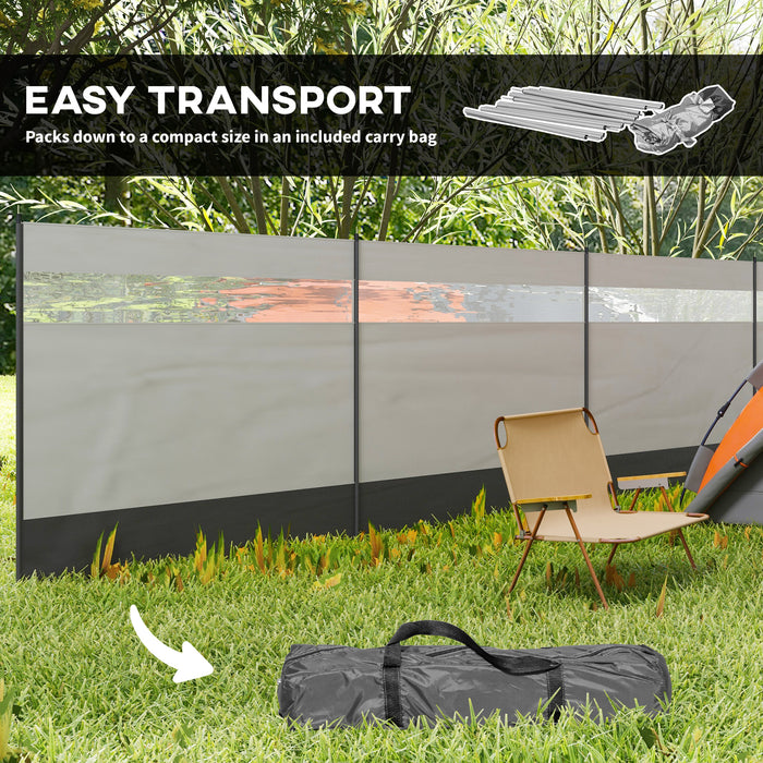 Beach Camping Windbreaker with Transparent Viewing Panels - Durable Grey Windshield with Carry Bag and Steel Support Poles, 725 x 140 cm - Ideal for Caravans, Campervans & Outdoor Adventurers