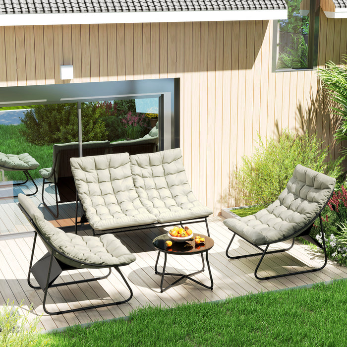 Outsunny 4 Seater Garden Furniture Set, Conversation Set with Loveseat Sofa, Chairs, Glass Coffee Table, Thick Cushions, Steel Outdoor Sofa for Balcony, Poolside, Conservatory, Light Grey
