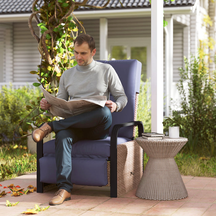 Outsunny Rattan Garden Recliner Chair, Reclining Rattan Chair with Adjustable Backrest and Footrest, Outdoor Lounge Sun Lounger with Cushion, Side Tray and Aluminium Armrests, Brown/Blue