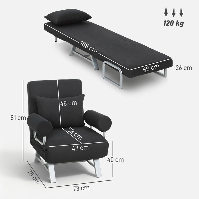 HOMCOM Single Sofa Bed, 3-in-1 Convertible Folding Chair Bed with Adjustable Backrest, Removable Armrests, Black