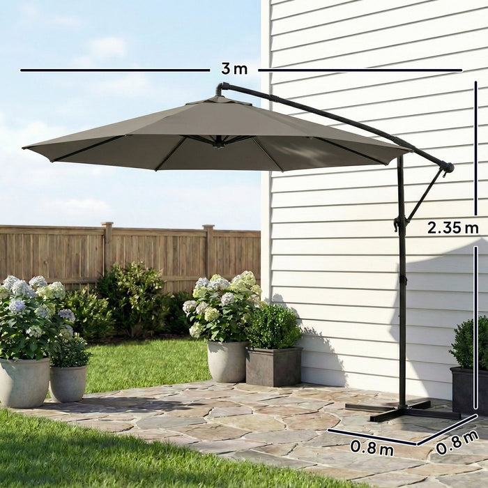 Outsunny 3 m Garden Cantilever Parasol with Cover, Round Overhanging Umbrella with 360° Rotation, Tilt, Grey