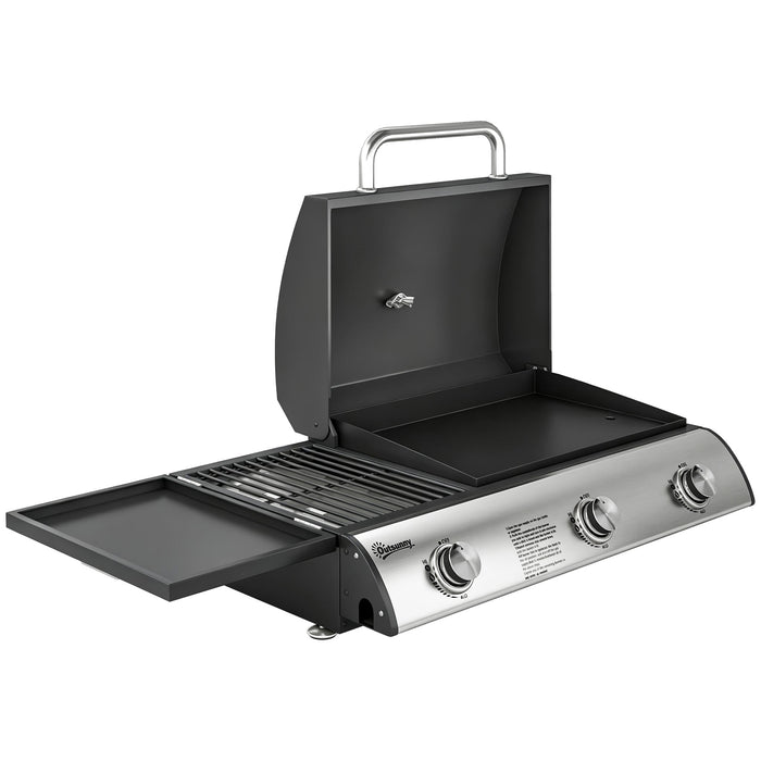 Outsunny 3 Burner Portable Gas Plancha BBQ Grill, 7.5 kW Outdoor Tabletop Gas Barbecue Grill with Griddle, Thermometer,, Black
