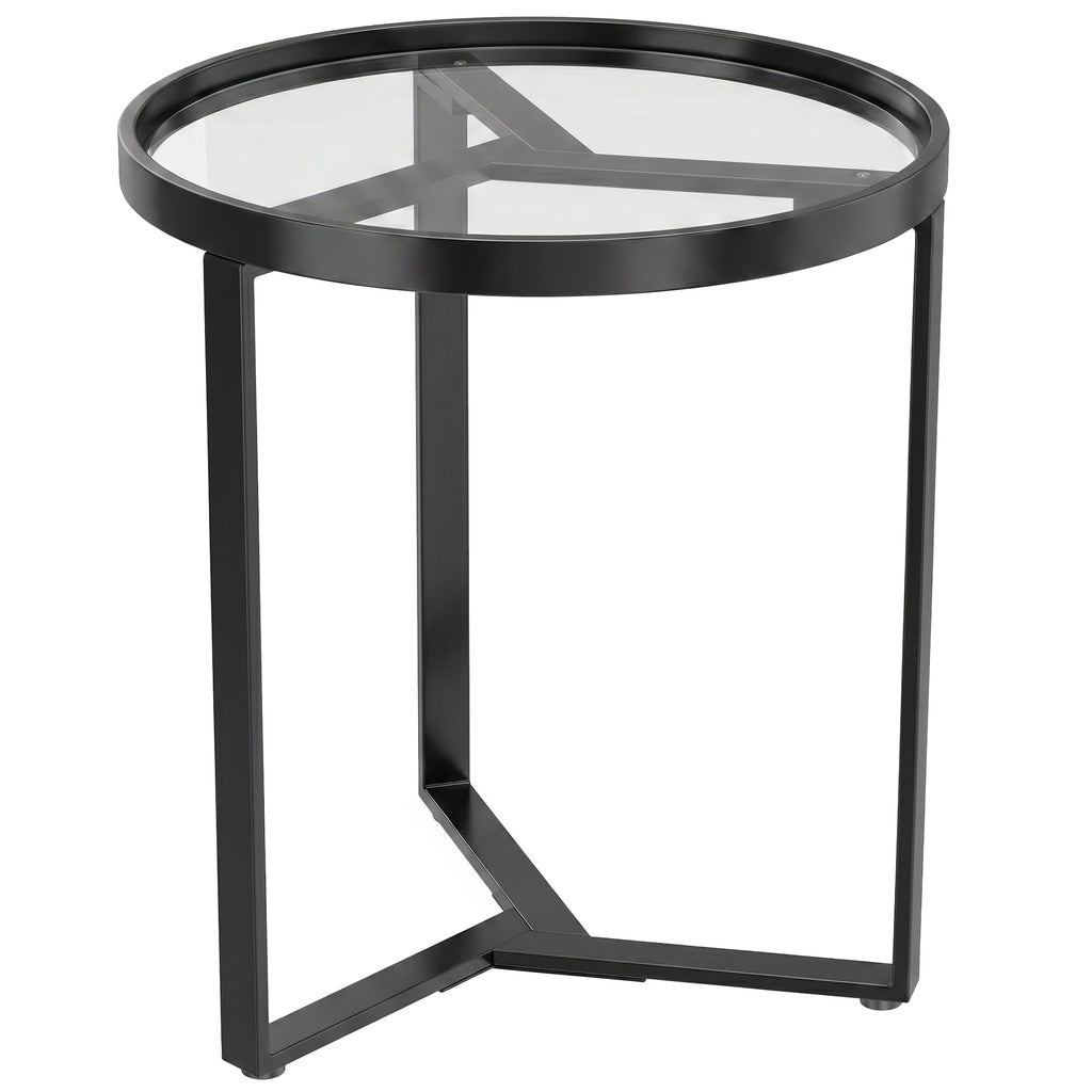 HOMCOM Round Side Table with Tempered Glass Top and Geometric Metal Frame for Small Space, Black