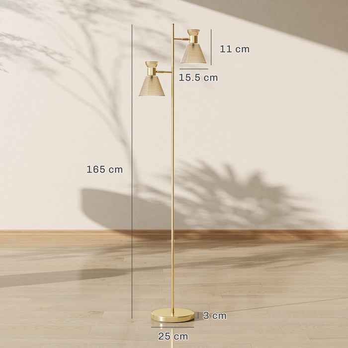 HOMCOM Floor Lamp with Adjustable Dual Head, Modern Standing Lamp with Floral Glass Shades and Foot Switch for Living Room Bedroom, E27 Socket, Bulb Not Included, Gold Tone