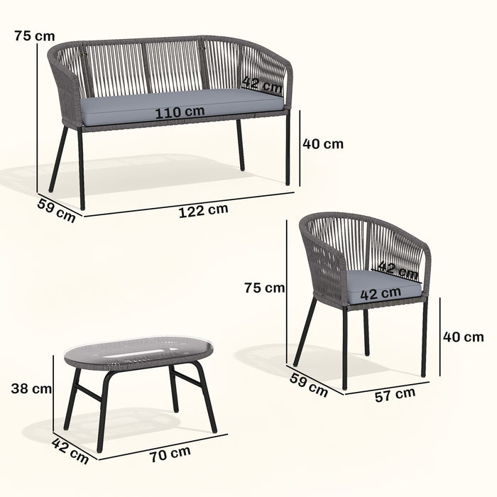 Outsunny 4 Piece Garden Furniture Set, Rope Garden Sofa Set with 1 Loveseat 2 Chairs Tempered Glass Table Cushions, Dark Grey
