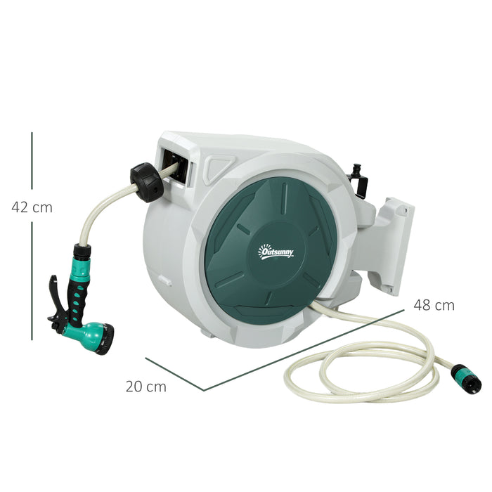 Outsunny Retractable Hose Reel Wall Mounted, 20+2m Garden Hose Pipe Reel with Lock, Auto Rewind, 7 in 1 Spray Nozzle, Includes Wall Fixings, 180° Swivel, Outdoor Watering, Green
