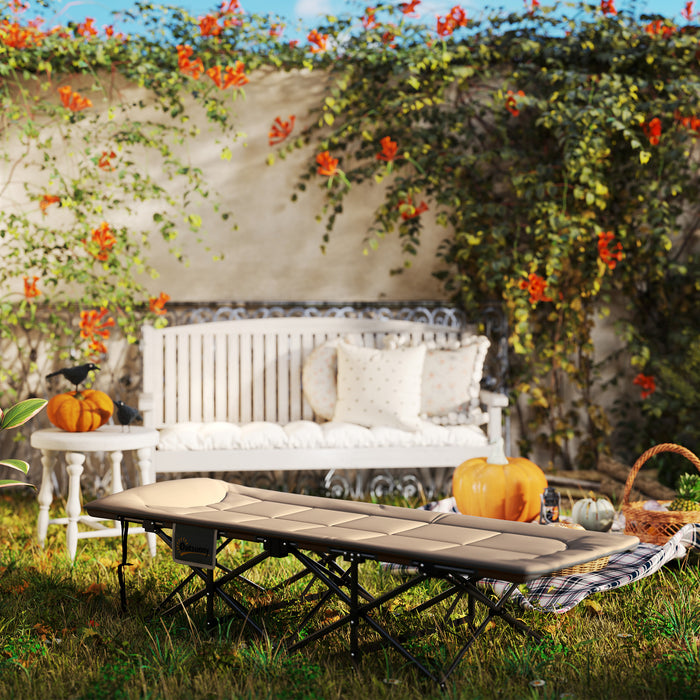 Outsunny Folding Camping Bed for Adults with Cushion, Heavy Duty Portable Travel Camping Cot with Headrest, Side Pocket and Non-Slip Foot Pads for Outdoor Beach Travel Office, Khaki