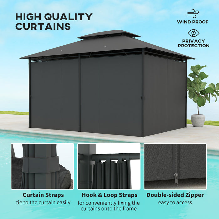 Outsunny 4m x 3(m)Garden Gazebo, Double Roof Outdoor Gazebo Canopy Shelter with Curtains, Solid Steel Frame for Patio, Garden, Black