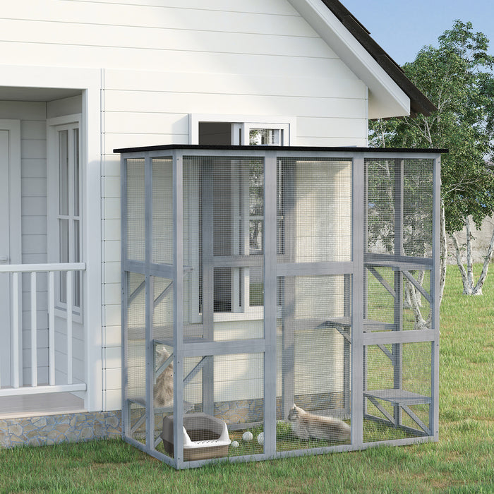 PawHut Wooden Catio Cat Outdoor Enclosure, Cat Cage with Waterproof Roof, Platforms, for Multiple Kittens, 180 x 98 x 180 cm