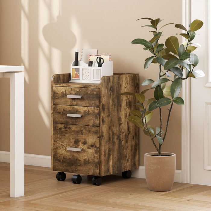 HOMCOM 3 Drawer Filing Cabinet, Rolling File Cabinet with Edged Top for Letter, A4 Size, Hanging File Folders, Rustic Brown