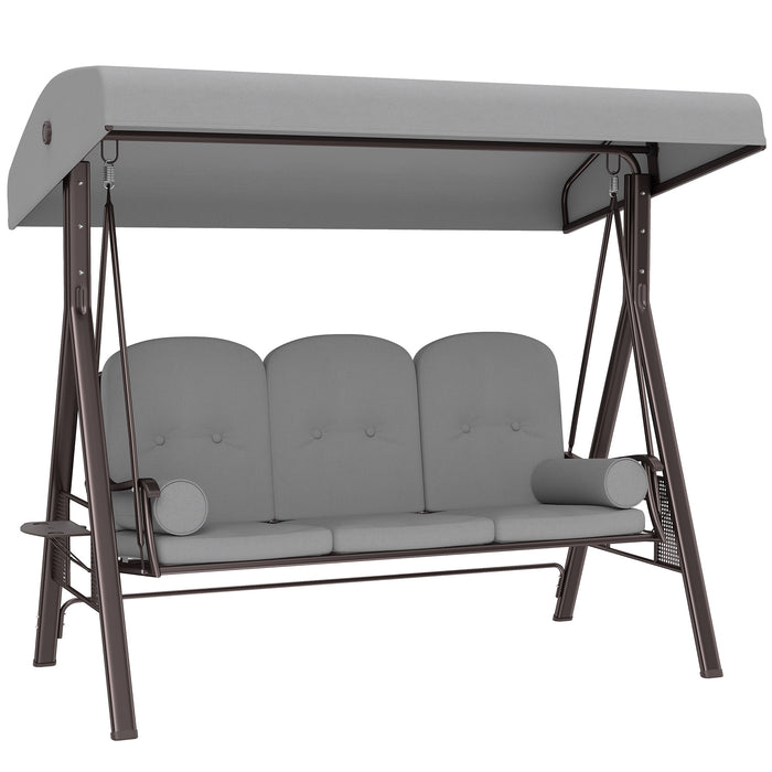 Outsunny 3 Seater Canopy Swing Chair, Outdoor Garden Swing Seat with Adjustable Canopy, Cushions and Cup Trays, Steel Frame, Light Grey