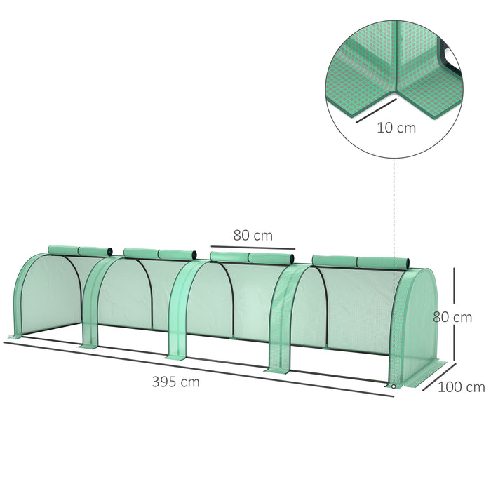 Outsunny Mini Greenhouse, Small Polytunnel Green House with Zipped Doors, Steel Frame for Garden, 395 x 100 x 80cm, Green