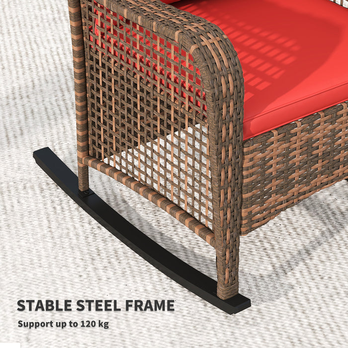 Outsunny Garden Rocking Chair, Outdoor Rattan Rocker Lounge Chair with Seat and Back Cushions, Patio Armchair Seat with All-weather Wicker, Steel Frame for Porch Balcony, Red