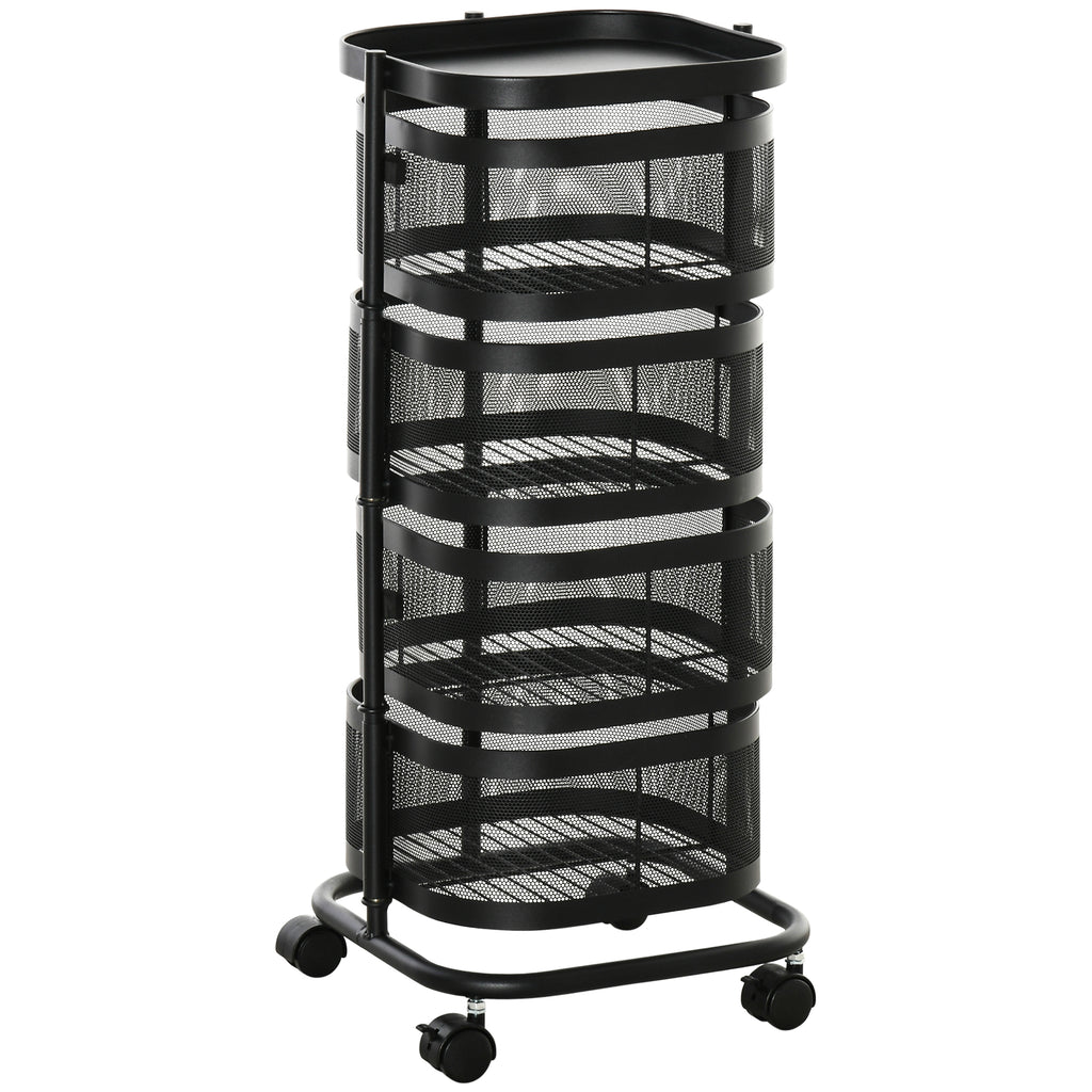 HOMCOM Metal Storage Cart, 4-Tier Storage Trolley on Wheels with 4 Mesh Baskets and Top Tray, Black