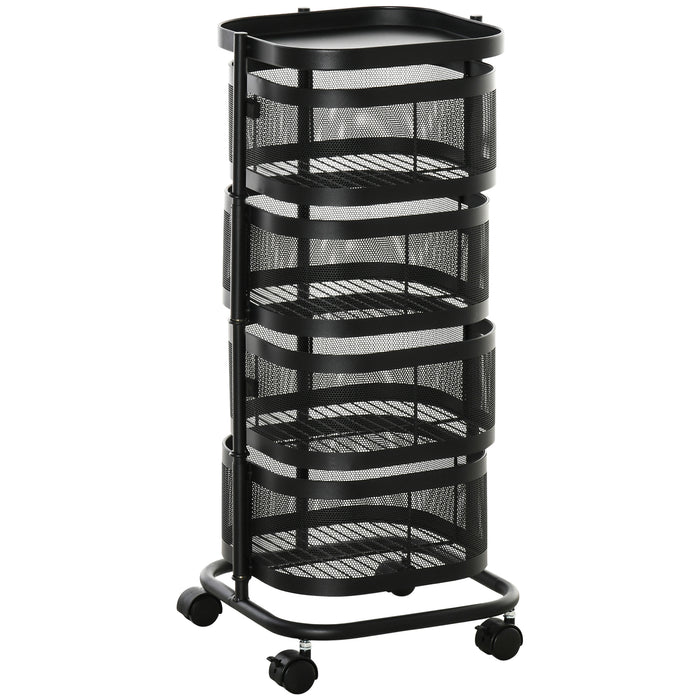 HOMCOM Metal Storage Cart, 4-Tier Storage Trolley on Wheels with 4 Mesh Baskets and Top Tray, Black