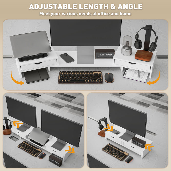 HOMCOM Dual Monitor Stand Riser with 2 Drawers, Adjustable Length and Angle, 116cm Monitor Riser for Laptop, Computer, PC, Small Printer, White