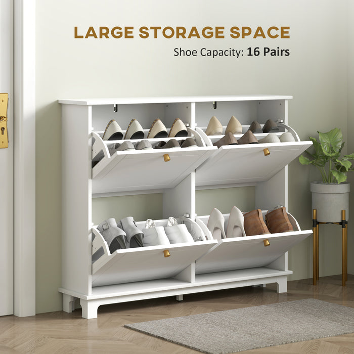 HOMCOM Narrow Shoe Storage Cabinet, Slim Shoe Cabinet with 4 Flip Drawers, Adjustable Shelves for 16 Pairs of Shoes, White
