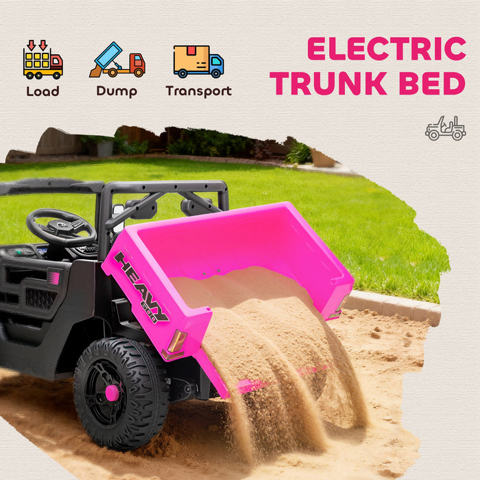 AIYAPLAY Kids Ride on Car, 12V Electric Kids UTV with Electric Dump Bed, 4-Wheel Suspension for 3-8 Years, Pink
