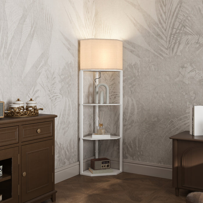 HOMCOM Corner Floor Lamp with Shelves, Tall Standing Lamps for Living Room, with Pull Chain Switch Bulb not Included, White