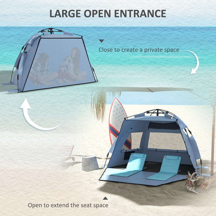Pop Up Beach Tent for 2-3 People - UPF15+ Protection, Extended Floor, Sandbags, Ventilated Mesh Windows - Portable Sun Shelter for Family Outings
