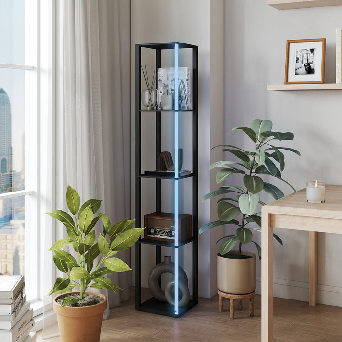 HOMCOM RGB LED Floor Lamp with Shelves, Modern Dimmable Standing Lamp with Remote Control, Adjustable Brightness & Speed for Living Room, Bedroom, Office, Black