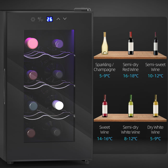 HOMCOM Mini Freestanding Wine Cooler Fridge, 8 Bottle, 21L, 26.5cm Quiet Thermoelectric Under Counter Drinks Beer Wine Fridge with Glass Door, LED Light, Digital Touch Screen, Temperature Control