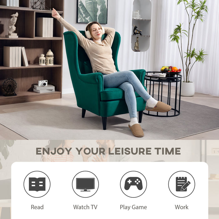 HOMCOM Modern Accent Chair, Upholstered Wingback Armchair with High Backrest and Pillow, Velvet-Feel Fabric Reading Chair with Solid Wood Legs for Living Room, Bedroom, Home Office, Dark Green