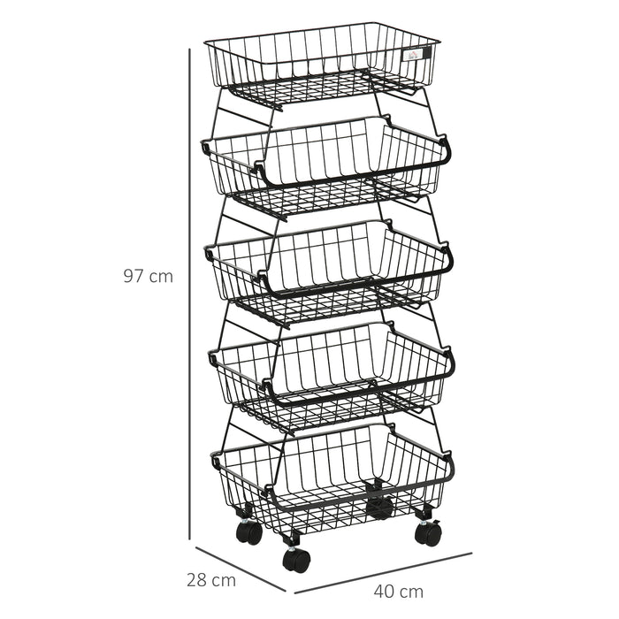 HOMCOM 5 Tier Storage Trolley, Stackable Fruit Vegetable Cart for Kitchen, Living Room, 40 x 2 x 97 cm, Black