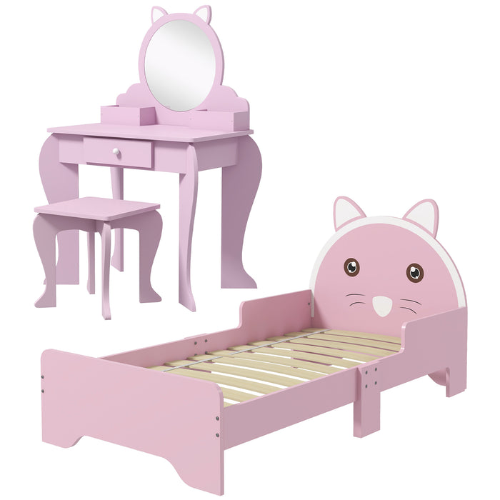 Kids Bedroom Ensemble with Cat-Themed Dressing Table - Wooden Furniture Set Featuring Bed & Stool for Ages 3-6 - Delightful & Functional Decor for Children's Rooms