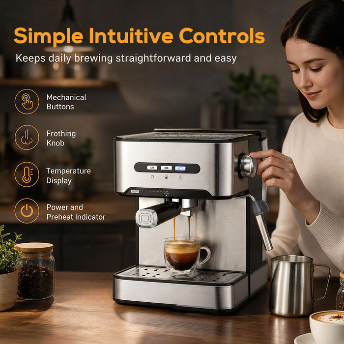 HOMCOM Espresso Machine, 20-Bar Semi Automatic Cappuccino Coffee Maker with Frother Wand, 1.6 L Water Tank, Black and Silver