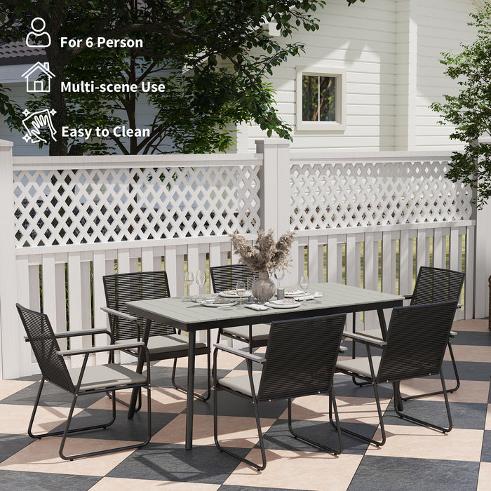 Outsunny 6 Seater Garden Dining Set with Soft Cushions, Rattan Backrest, Rectangular Plastic Top, Garden Furniture Set, Outdoor Dining Table and Chairs for Patio, Balcony, Poolside, Grey