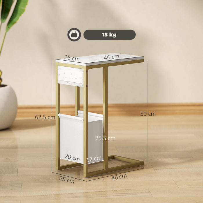 HOMCOM C Shaped Side Table with Charging Station and Faux Marble Top - White