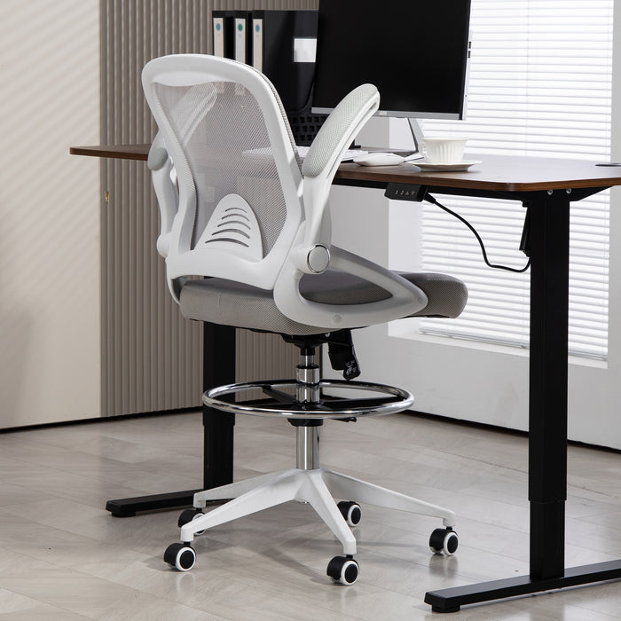 Vinsetto Drafting Chair with Flip-up Armrest, Mesh Office Stool with Foot Ring, 360° Swivel Height Adjustable Chair for Standing Desk, Light Grey